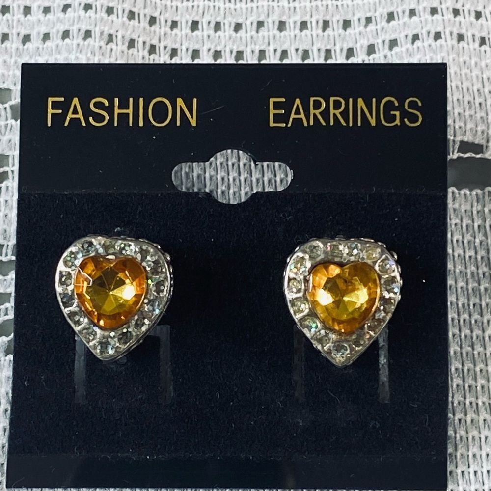 Heart Shaped Earrings Rhinestone Framed Gold Center Stone Valentines Day Gift